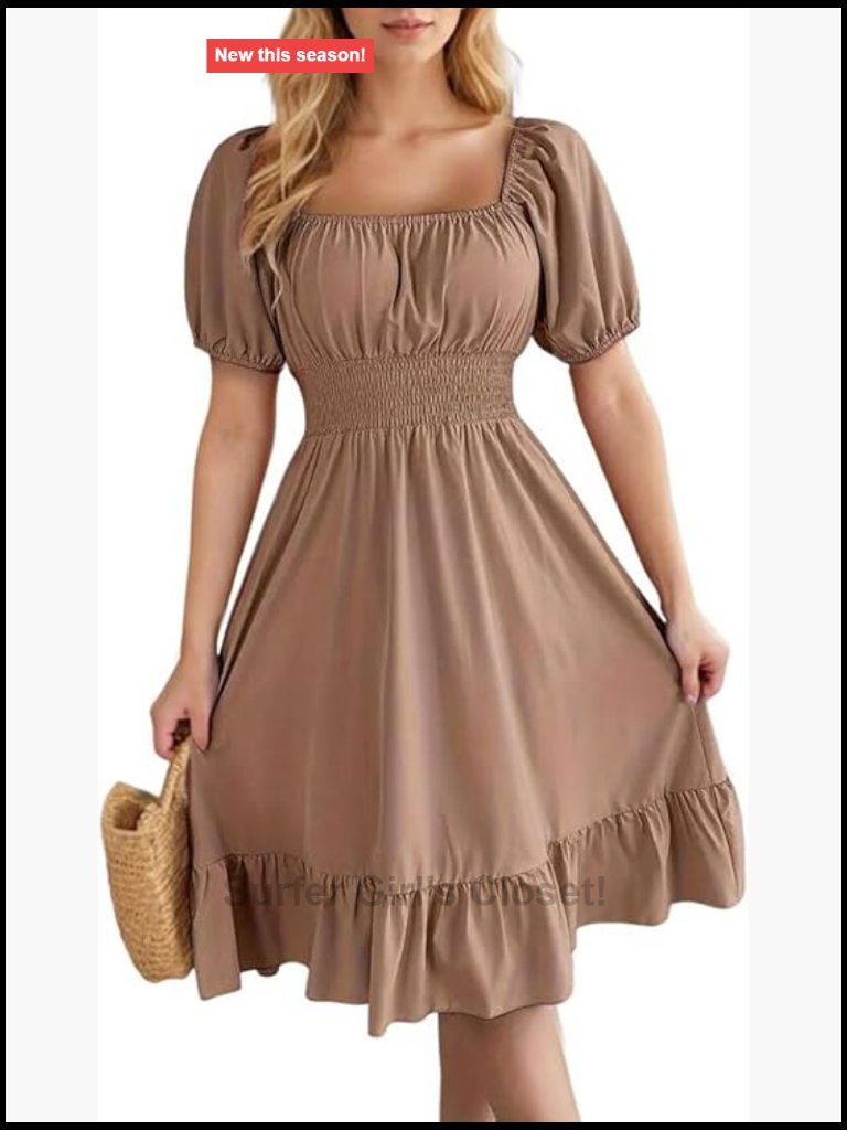 Square Neck Ruffle Hem Mini Dress With Puff Sleeves Casual Flowy
